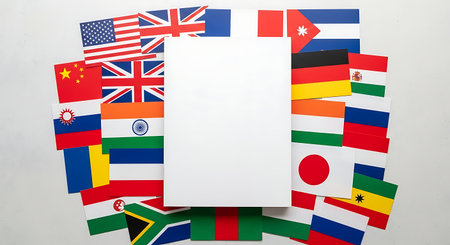 A variety of international flags are arranged around a blank white card, creating a colorful and diverse display of global representation.の素材