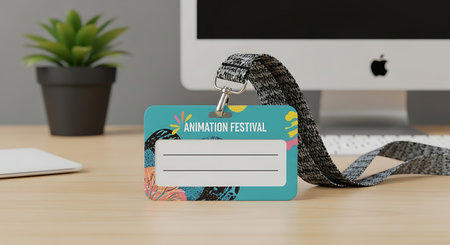 A close-up shot of an animation festival badge on a desk with a computer and a plant in the background. The badge is blue with white lines for writing.の素材