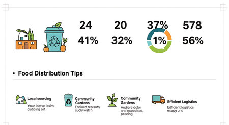 Data visualization of food distribution statistics, including percentages and quantities, along with tips for effective food distribution strategies.の素材