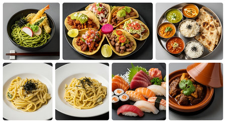 A vibrant collection showcasing a variety of appetizing dishes, including tacos, pasta, sushi, and other culinary creations.の素材