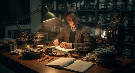 A focused man sits at a wooden desk in a dark, atmospheric room, writing by lamplight, surrounded by old books, film reels, and a vintage projector.の素材