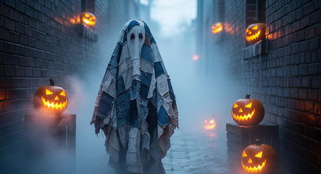 A creepy ghost costume stands in a dark, foggy alleyway, illuminated by glowing jack o lanterns, creating a Halloween atmosphere.の素材