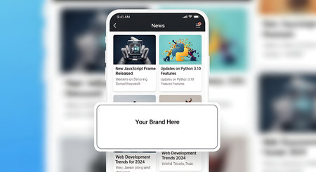 A mobile application displaying an article feed with various topics, including technology and design. A prominent advertisement space is visible at the bottom of the screen, allowing for branding opportunities.の素材
