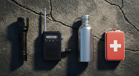 An overhead flat lay of essential survival gear including a flashlight, radio, water bottle, and first aid kit arranged on a rugged cracked stone background.の素材
