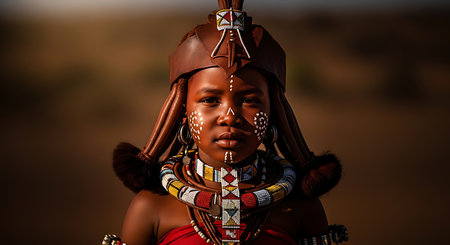 A close-up portrait of a young African tribal woman, adorned with intricate face paint and a striking, traditional headdress, embodying cultural heritage.の素材