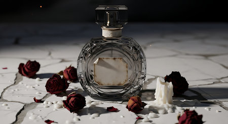 A clear perfume bottle is surrounded by dried rose petals and a white flower on a marble surface, creating a luxurious and artistic composition.の素材