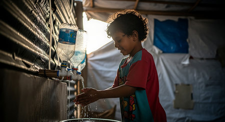 A young boy with curly hair is seen in profile, washing his hands under a stream of water from a makeshift tap in what appears to be a refugee camp.の素材