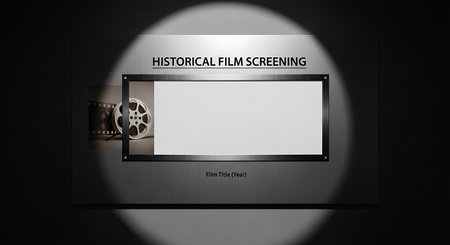 A spotlight illuminates a vintage film projector and screen, ready for a historical film screening event.の素材