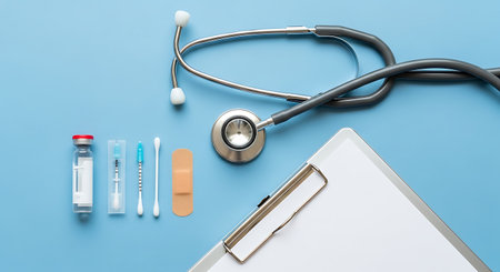 Overhead shot of medical equipment including a stethoscope, syringes, bandage, and clipboard arranged on a light blue surface, suggesting healthcare or medical themes.の素材