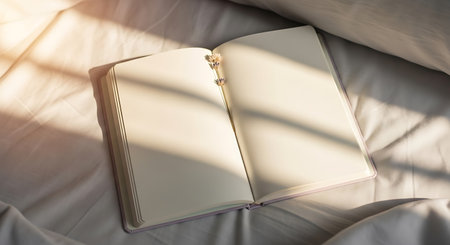An open journal with empty pages rests on soft white sheets. Warm morning sunlight casts shadows across the bed, creating a peaceful and cozy atmosphere for writing.の素材