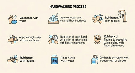 Visual guide to proper handwashing technique, showing each step with icons.の素材