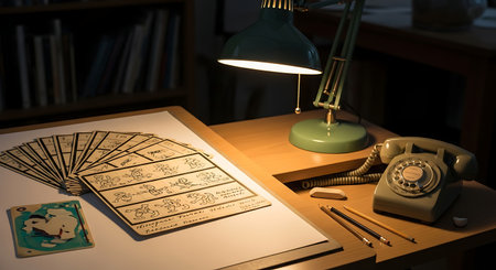A vintage-style desk setup with a collection of cards, a vintage rotary phone, and a desk lamp. The cards appear to be a set of maps or illustrations. The overall aesthetic is reminiscent of an artists or designers workspace from the mid-20th century.の素材