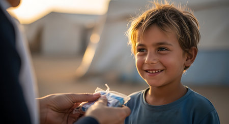 A young boy smiles as he receives aid, possibly food or money, from a person out of frame. The setting appears to be outdoors, possibly in a developing country. The image evokes themes of poverty, charity, and hope.の素材