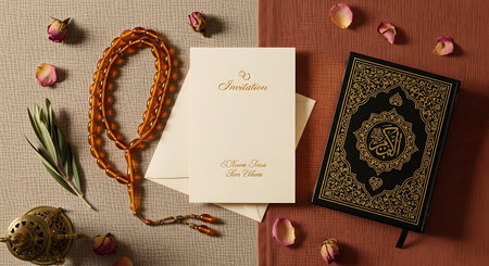 A top-down view of the holy Quran, amber prayer beads, and elegant cards, arranged with rosebuds and rosemary. A serene and spiritual composition for an Islamic occasion.の素材