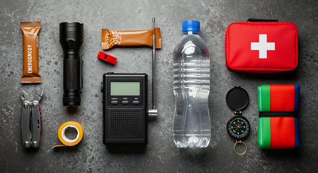 Various survival supplies including a flashlight, water bottle, first-aid kit, radio, and snacks are displayed on a dark surface. Ideal for emergencies or outdoor activities.の素材