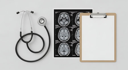 Top-down view of a medical setup featuring a brain scan, a stethoscope, and a blank clipboard, ideal for healthcare and diagnostic themes.の素材