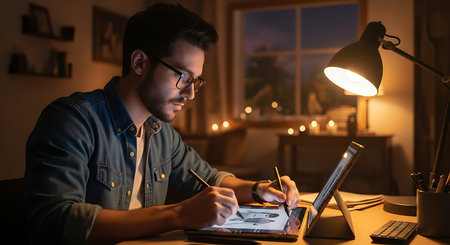 A young man with glasses works diligently at his desk in a warm, candlelit room at night, using a stylus to draw on a glowing digital tablet under a desk lamp.の素材