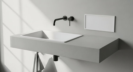 Contemporary white wall hung bathroom sink with black matte faucets and rectangular soap dish. Clean lines and simple design.の素材