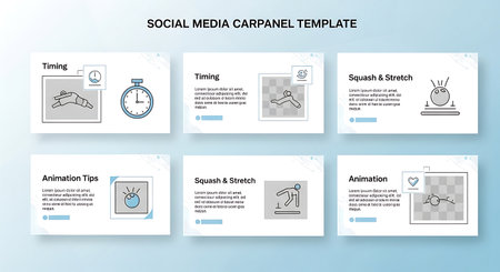 A social media carpanel template featuring animation tips, timing, and squash and stretch techniques, perfect for creating engaging content.の素材