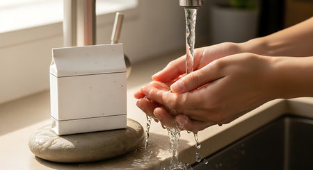 A close up of a persons hands under a stream of clean running water from a tap. A soap dispenser sits by the sink in a brightly lit kitchen or bathroom.の素材