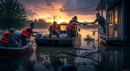 A group of dedicated volunteers in life jackets navigate flooded waters in boats, distributing aid packages to residents affected by the disaster as the sun sets, casting a warm glow.の素材