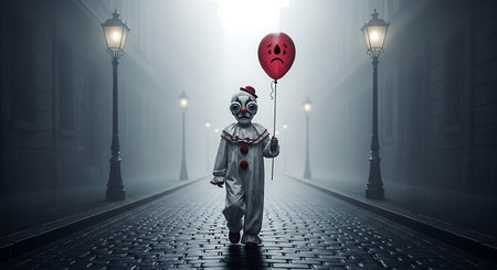 A creepy clown figure walks down a foggy street at night, holding a red balloon, creating a chilling and unsettling atmosphere.の素材