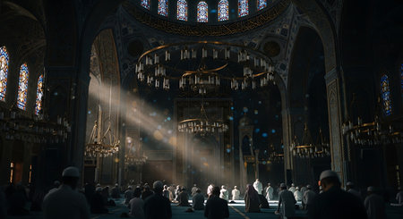 A dramatic sunbeam cuts through the dim interior of a grand hall, illuminating a circular chandelier and the heads of a congregation below.の素材