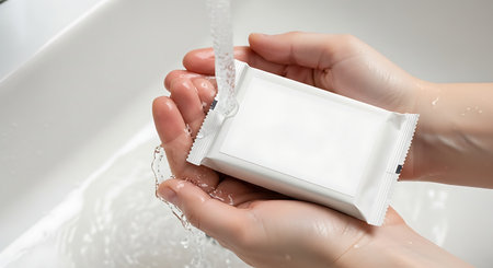 Closeup view of a persons hands holding a wrapped bar of soap, ready to wash. The soap is white and the hands are clean.の素材