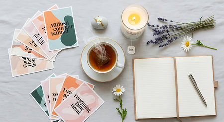 A serene flat lay featuring a cup of tea, open journal, pen, affirmation cards, candle, and lavender, promoting relaxation and mindfulness.の素材