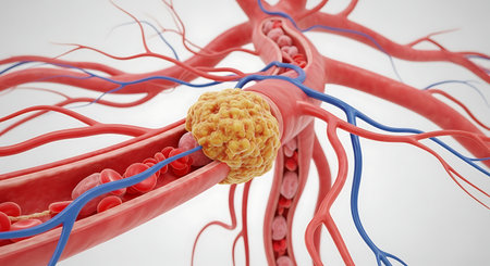 Detailed 3D medical illustration showing a blood clot obstructing an artery, causing thrombosis.の素材