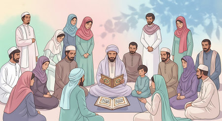 A diverse group of Muslim men women and children are seated in a circle around a teacher who is reading from a holy bookの素材