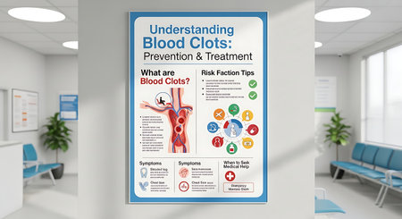 Informative medical poster detailing blood clot types, prevention, and treatment methods. Ideal for healthcare settings.の素材