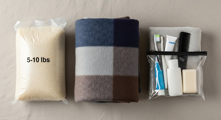 A flat lay of essential items for a donation or emergency relief kit. Includes a bag of rice, a warm plaid blanket, and a clear bag with personal hygiene products.の素材