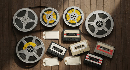 Collection of old film reels, audio cassettes, and blank tags on a light brown wooden surface. A variety of formats for recording media.の素材