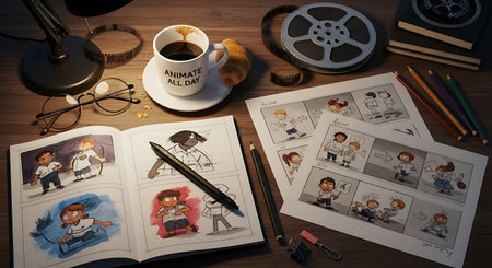 An overhead shot of an artists desk featuring an open sketchbook with character designs, comic book pages, a cup of coffee, and various creative tools.の素材