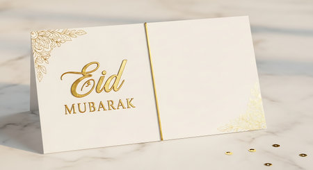 A beautifully designed Eid Mubarak greeting card featuring gold lettering, delicate floral accents, and a clean, modern aesthetic. Perfect for celebrating the festive occasion.の素材