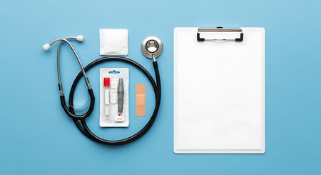 A stethoscope, clipboard, medical supplies, and bandages are arranged on a blue background, perfect for healthcare or medical concepts.の素材