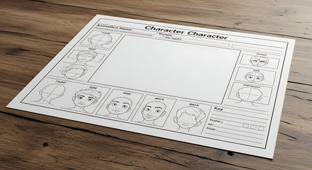 A blank character design template lies on a rustic wooden desk. The worksheet helps users create characters with sections for drawing faces and writing details.の素材