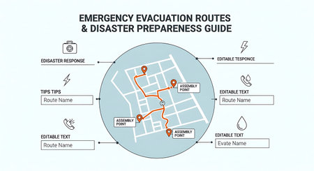 Detailed map illustrating emergency evacuation routes and disaster preparedness guidelines for safety and planning.の素材
