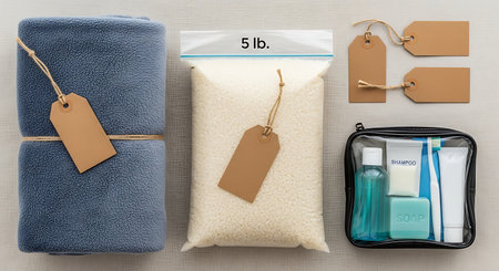A travel essentials kit featuring folded blue towels, a 5lb bag, luggage tags, and a clear toiletries bag, all neatly arranged on a neutral background.の素材