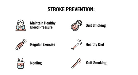 Infographic illustrating key steps for stroke prevention, including maintaining healthy blood pressure, regular exercise, healthy diet, and quitting smoking.の素材