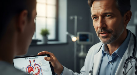 A mature male doctor in a white coat explains a heart diagram on a tablet to a patient. The focus is on the doctors serious expression during the consultation in a clinic.の素材