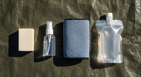 Outdoor camping gear laid out on a tarp, including a bar of soap, a spray bottle, a microfiber cloth, and a reusable water pouch. Ideal for a minimalist camping trip.の素材