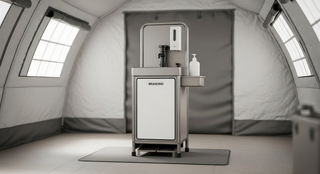 Interior of a temporary emergency shelter or field hospital, featuring a portable, stainless steel hand hygiene station with a sink and mirror for sanitation.の素材