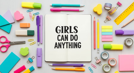A notebook with the empowering message Girls Can Do Anything surrounded by various stationery items like pens, pencils, erasers, and scissors.の素材