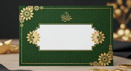 A luxurious green Islamic greeting or invitation card with intricate golden floral patterns and a blank white space for text. The elegant design is perfect for celebrations.の素材