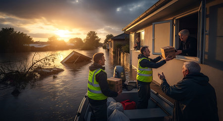 Volunteers in reflective vests distribute essential supplies to residents through a window of a flooded house, with a dramatic sunset sky in the background.の素材