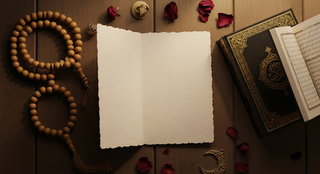 An overhead shot of prayer beads, a blank paper, and a holy book on a wooden surface, evoking a sense of spirituality and reflection.の素材