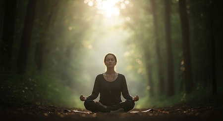 A serene woman sits in a lotus position, meditating peacefully amidst a lush forest, with ethereal sun rays piercing through the canopy, creating a tranquil and spiritual atmosphere.の素材