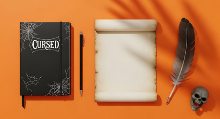 A detailed image featuring a black journal with the word Cursed, a scroll, a feather, and a skull on an orange surface.の素材